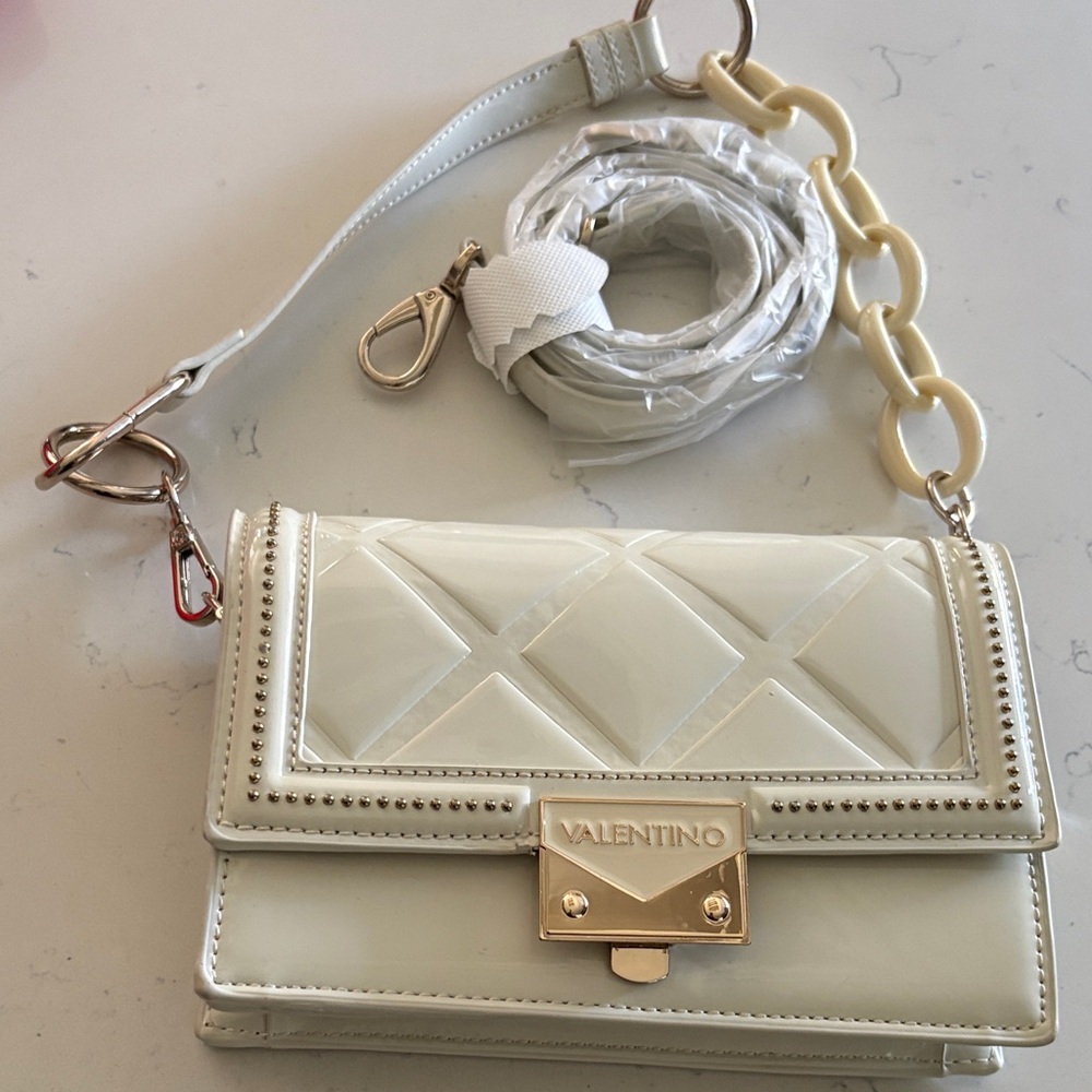 Valentino Robin Crossbody in Ecru. Patent Quilted Crossbody with Gold Hardware